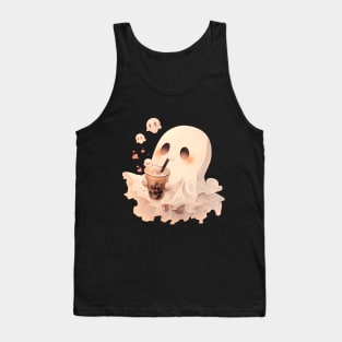 Spooky Sheet Ghost enjoying boba tea on Halloween Tank Top